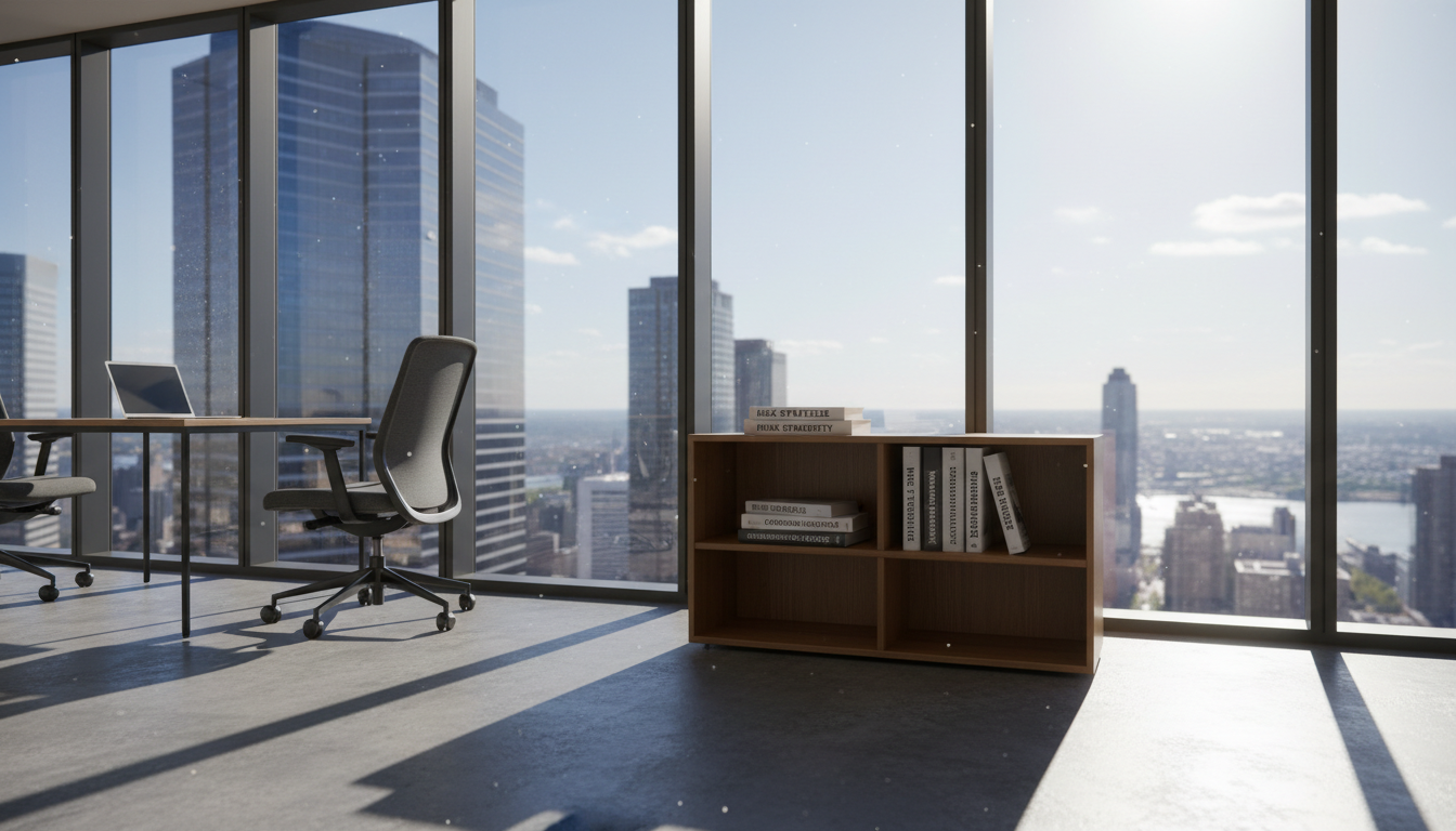 A zoomed-out photo of a small shelf with a few books on risk management topics, next to a large window with daylight streaming in, professional corporate setting