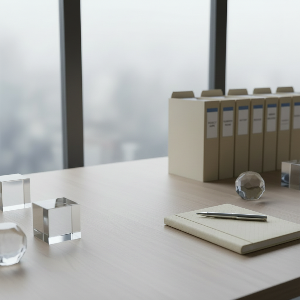 A professionally arranged desk setup with a notepad and pen, no electronic devices visible. Bright, clean, and minimalistic look suitable for a financial consulting website.