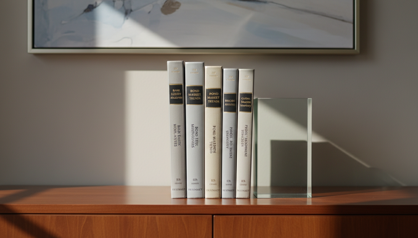 A collection of immaculate, hardcover financial journals in varying shades of neutral grey and beige stand vertically along a polished glass bookend atop a chestnut wood credenza. Each journal bears gold-foil stamped titles such as “Bank Equity Analysis” and “Bond Market Trends.” The background is an elegant, light taupe wall with a subdued abstract corporate art piece. Morning sunlight streams from the side, casting elongated, crisp shadows and illuminating the metallic detailing of the book titles. The photo is composed symmetrically, with a centered perspective and moderate depth of field, capturing both order and gravitas. The visual impact is one of established trust and quiet intellectual authority, embodying a photographic realism style.
