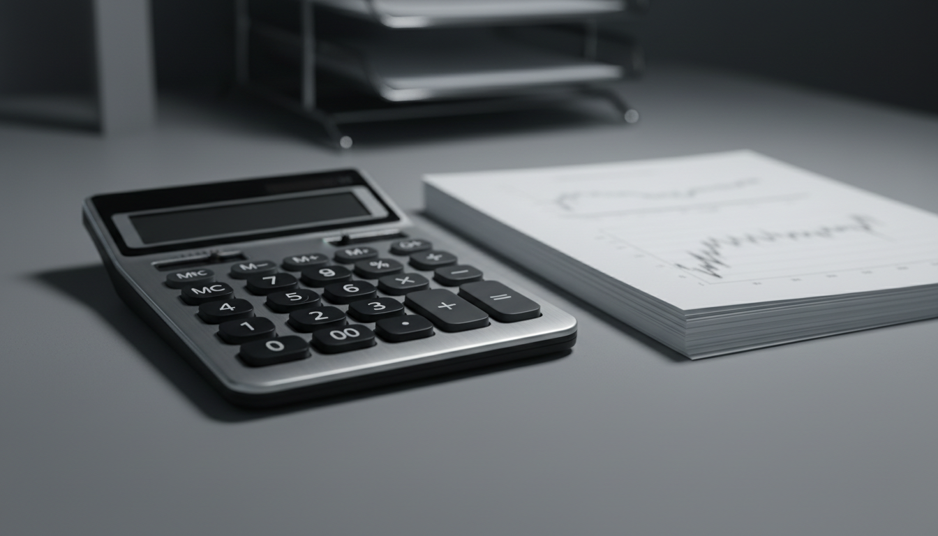 A detailed close-up of a modern, monochrome desk calculator with softly rounded matte keys and a brushed aluminum finish, positioned neatly beside a stack of unmarked, crisp financial graphs printed on heavy, smooth white cardstock. The calculator and paper rest atop a clean, ash-grey desk surface, and faint outlines of organized document trays are visible in the background, slightly out of focus. Cool, diffused LED overhead lighting casts subtle reflections and sharp-edged shadows, highlighting the analytical tools. Photographed with a shallow depth of field from a low, front-facing angle, the composition is precise and focused, creating a mood of intense concentration and forensic attention to detail, all in a clean, structured photographic style.