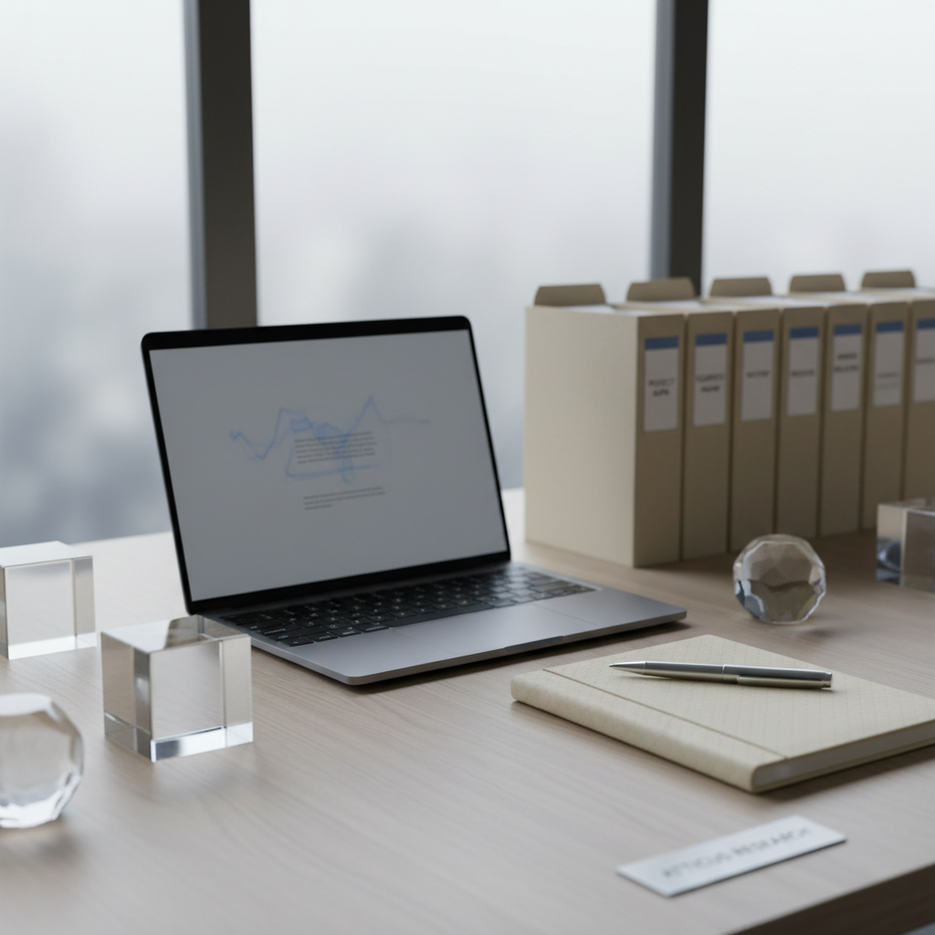A perfectly arranged desk setup featuring a matte slate-grey laptop opened beside a bound ivory notepad, with an elegant silver ballpoint pen placed diagonally across its cover. The workspace is divided by geometric glass paperweights and is set against a backdrop of organized taupe file folders. Soft, diffused overcast light streams in from a frosted glass window, gently illuminating the table and creating subtle reflective patterns. Captured from an eye-level perspective with a sharp focus throughout, the scene conveys methodical organization and analytical precision. The mood is clean, serene, and overtly professional, in line with the structured, corporate research ethos that defines Atticus Research.