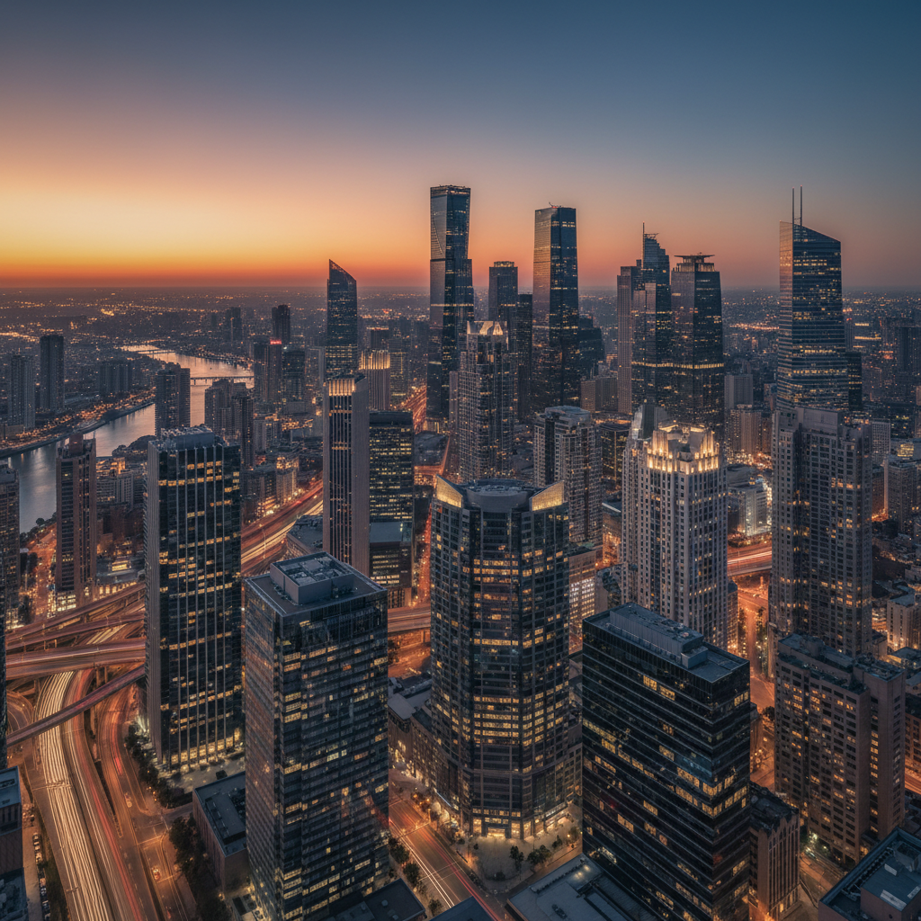 A high-resolution photo of a dense modern urban skyline with many tall office buildings at dusk, subtle professional color grading, suitable as a hero/about image for a corporate research consultancy website.